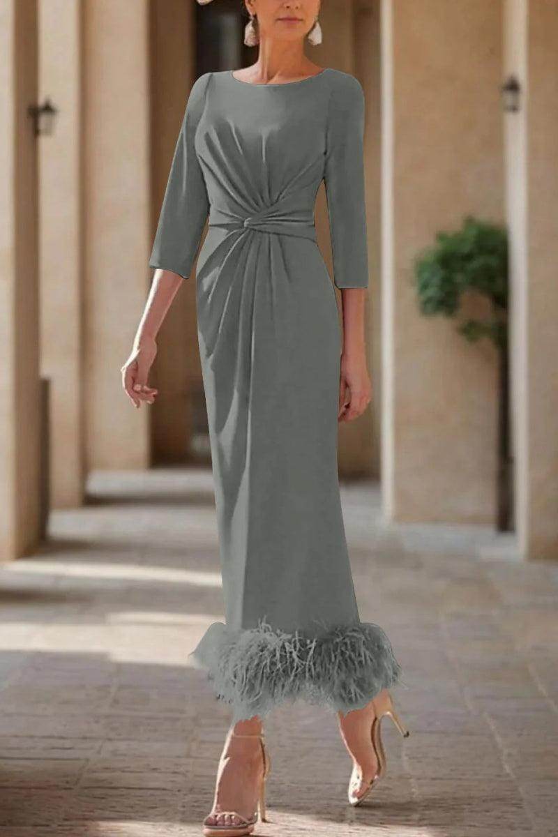 Elegant Sheath Column Scoop Neck Ankle Length Feather Mother of the Bride Dress