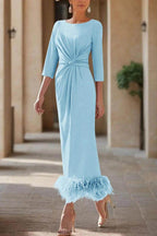 Elegant Sheath Column Scoop Neck Ankle Length Feather Mother of the Bride Dress