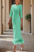 Elegant Sheath Column Scoop Neck Ankle Length Feather Mother of the Bride Dress