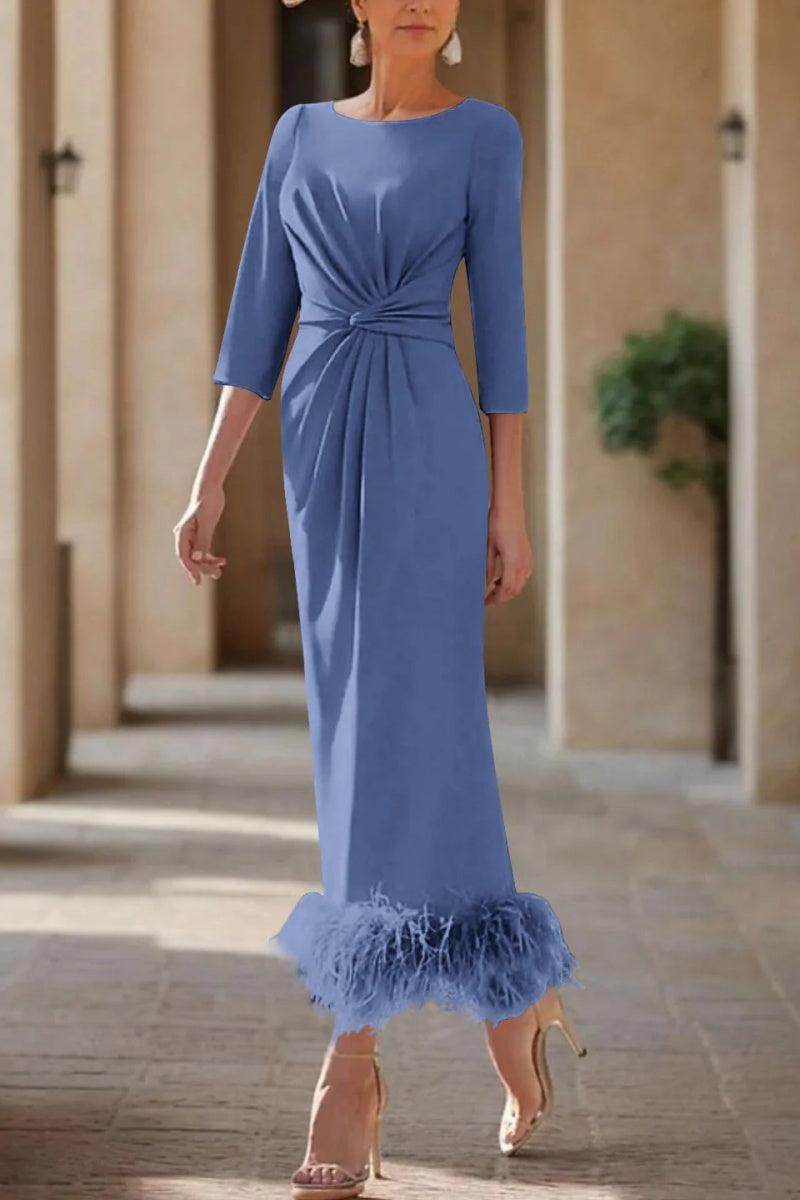 Elegant Sheath Column Scoop Neck Ankle Length Feather Mother of the Bride Dress