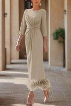 Elegant Sheath Column Scoop Neck Ankle Length Feather Mother of the Bride Dress