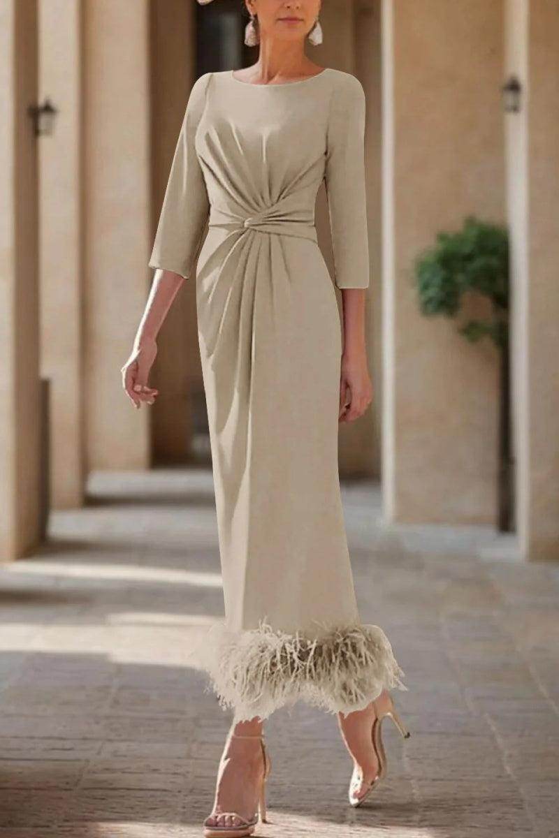 Elegant Sheath Column Scoop Neck Ankle Length Feather Mother of the Bride Dress