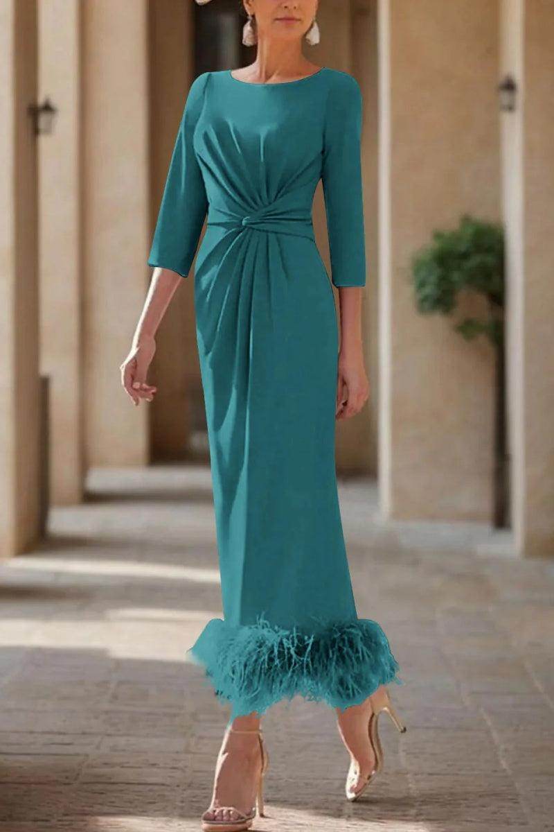 Elegant Sheath Column Scoop Neck Ankle Length Feather Mother of the Bride Dress