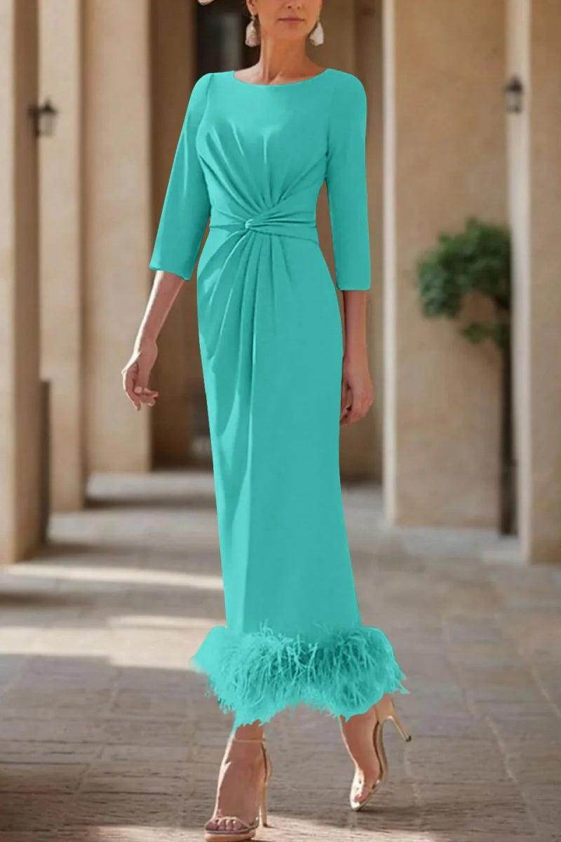 Elegant Sheath Column Scoop Neck Ankle Length Feather Mother of the Bride Dress