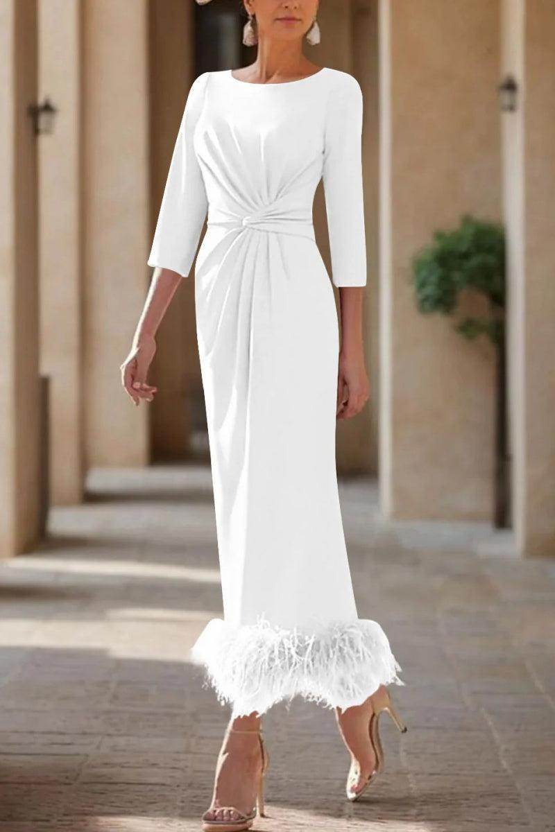 Elegant Sheath Column Scoop Neck Ankle Length Feather Mother of the Bride Dress