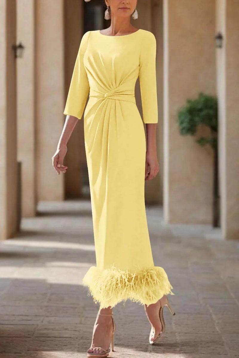 Elegant Sheath Column Scoop Neck Ankle Length Feather Mother of the Bride Dress
