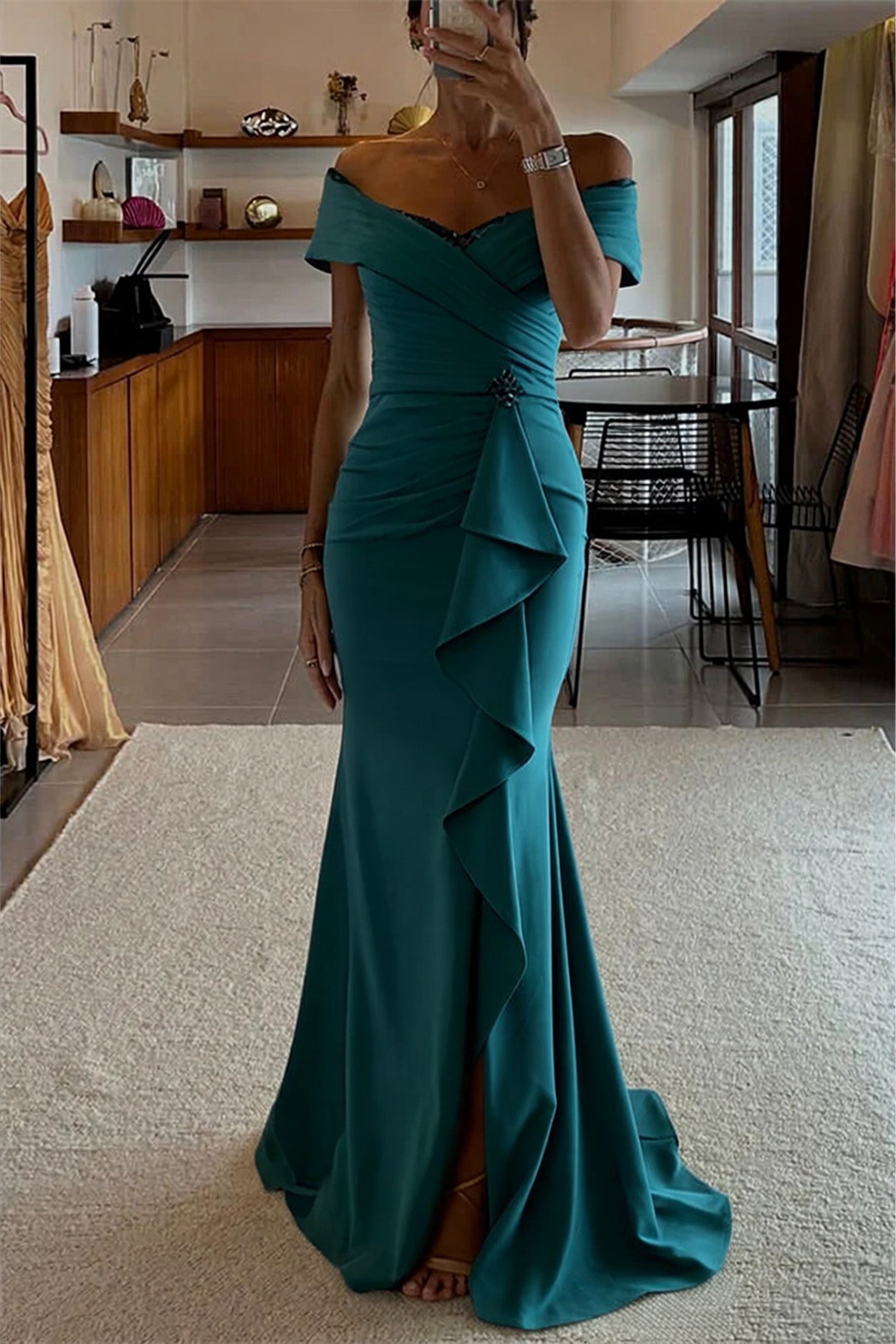 Elegant Sheath Off the Shoulder Sleeveless Floor Length Mother of the Bride Dress