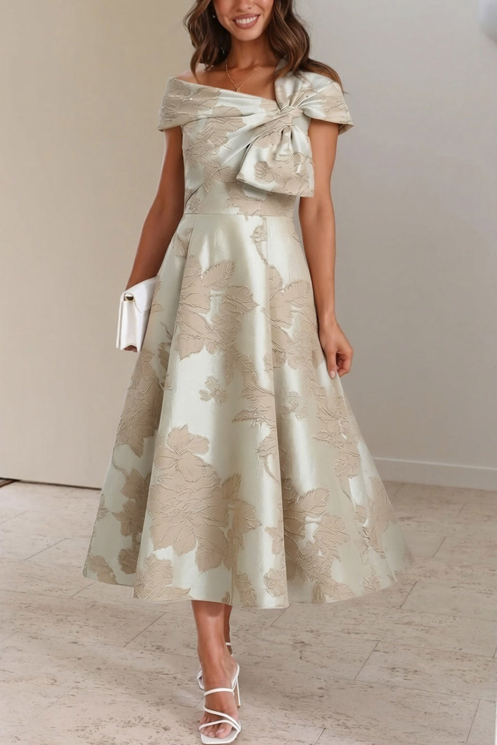 Elegant A Line Tea Length Jacquard Mother of the Bride Dress Mother of the Bride Dress
