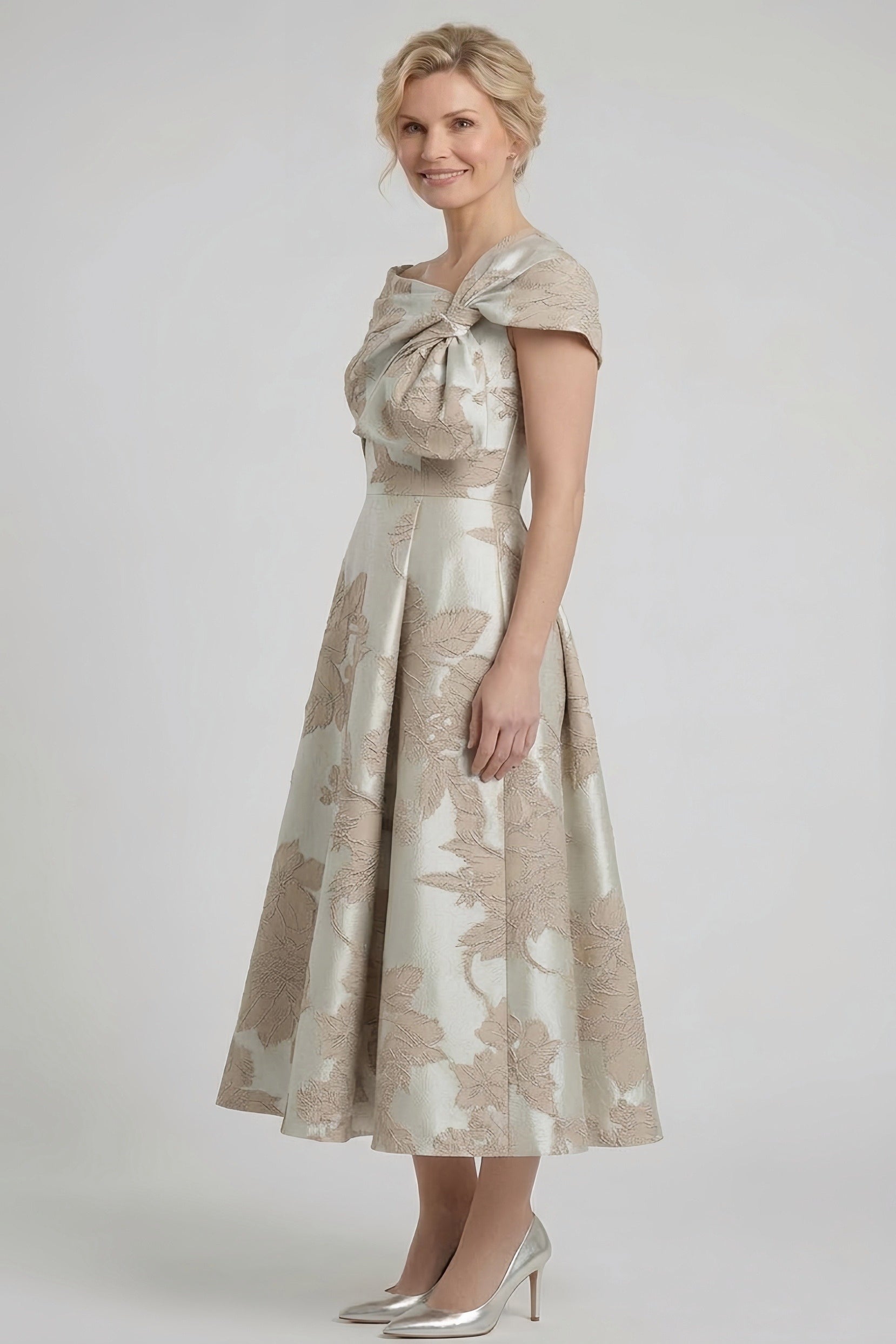 Elegant A Line Tea Length Jacquard Mother of the Bride Dress Mother of the Bride Dress