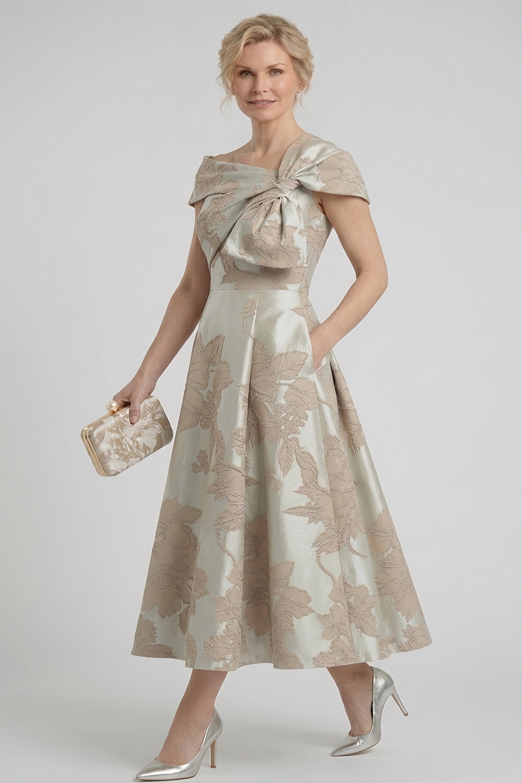 Elegant A Line Tea Length Jacquard Mother of the Bride Dress Mother of the Bride Dress