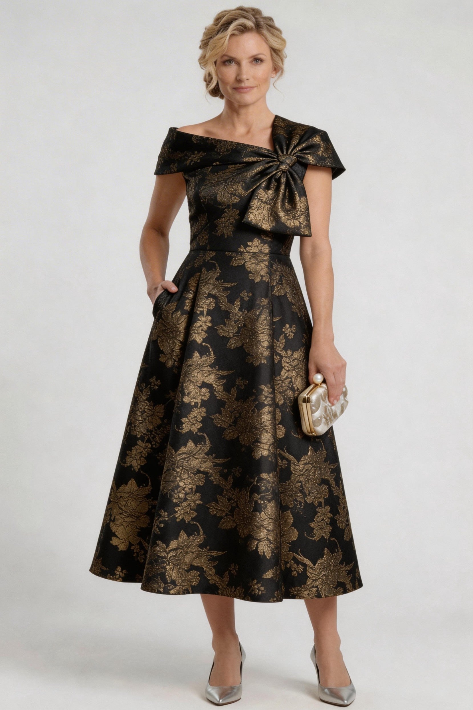 Elegant A Line Tea Length Jacquard Mother of the Bride Dress Mother of the Bride Dress