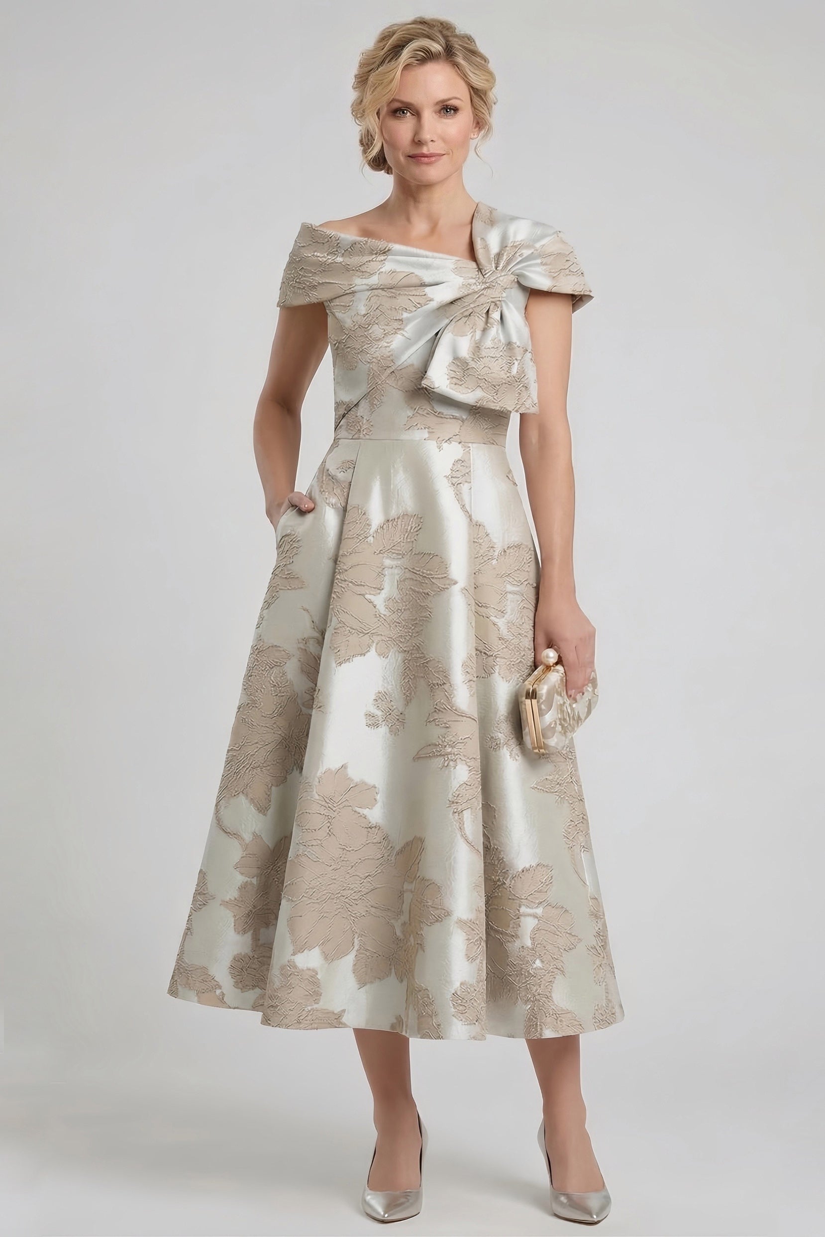 Elegant A Line Tea Length Jacquard Mother of the Bride Dress Mother of the Bride Dress