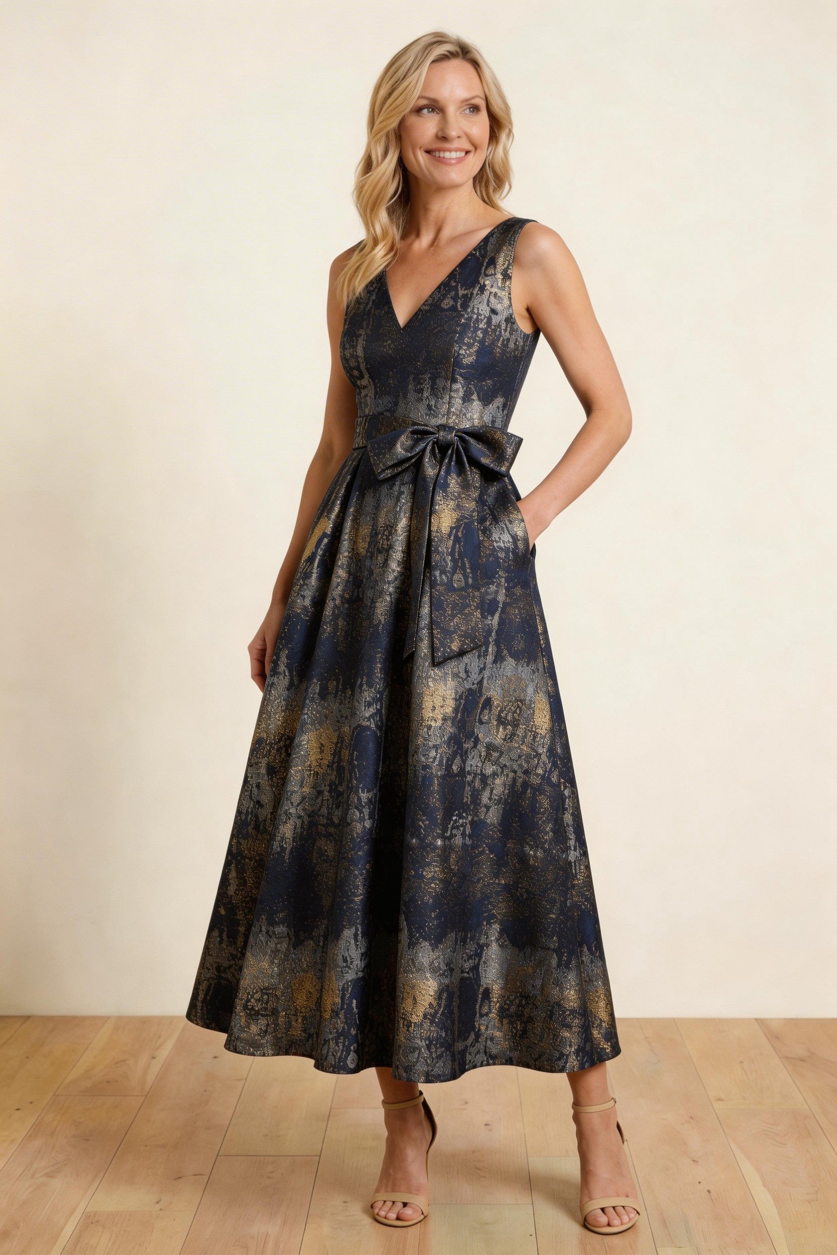 Elegant A Line Tea Length Jacquard Mother of the Bride Dress Mother of the Bride Dress