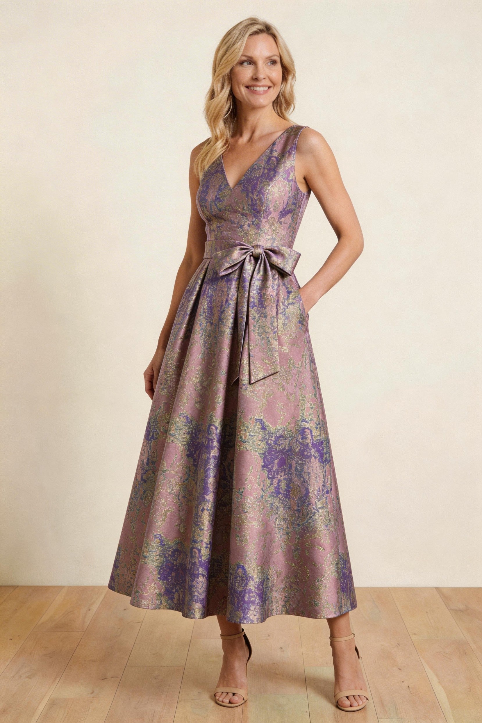 Elegant A Line Tea Length Jacquard Mother of the Bride Dress Mother of the Bride Dress