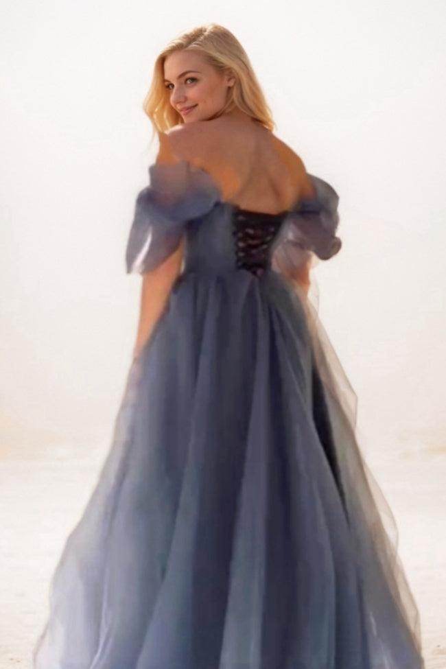 Elegant A Line Sweep Brush Train Tulle Prom Dress for Prom