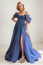 Elegant A Line Sweep Brush Train Tulle Prom Dress for Prom