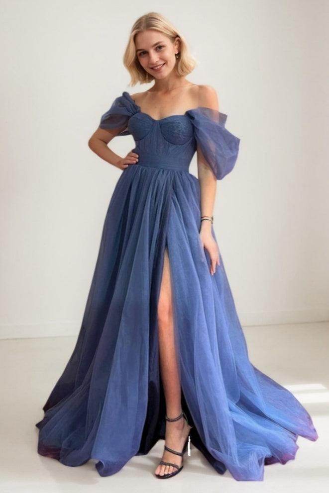 Elegant A Line Sweep Brush Train Tulle Prom Dress for Prom