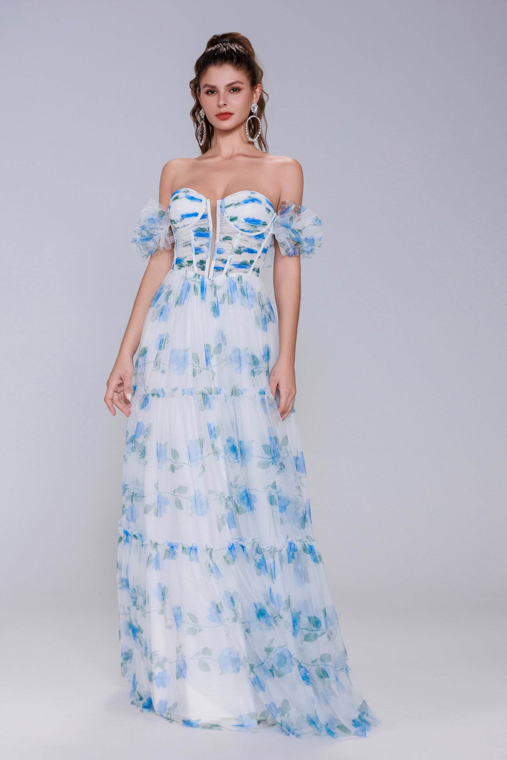 Elegant A Line Maxi Printed Gauze Prom Dress for Prom