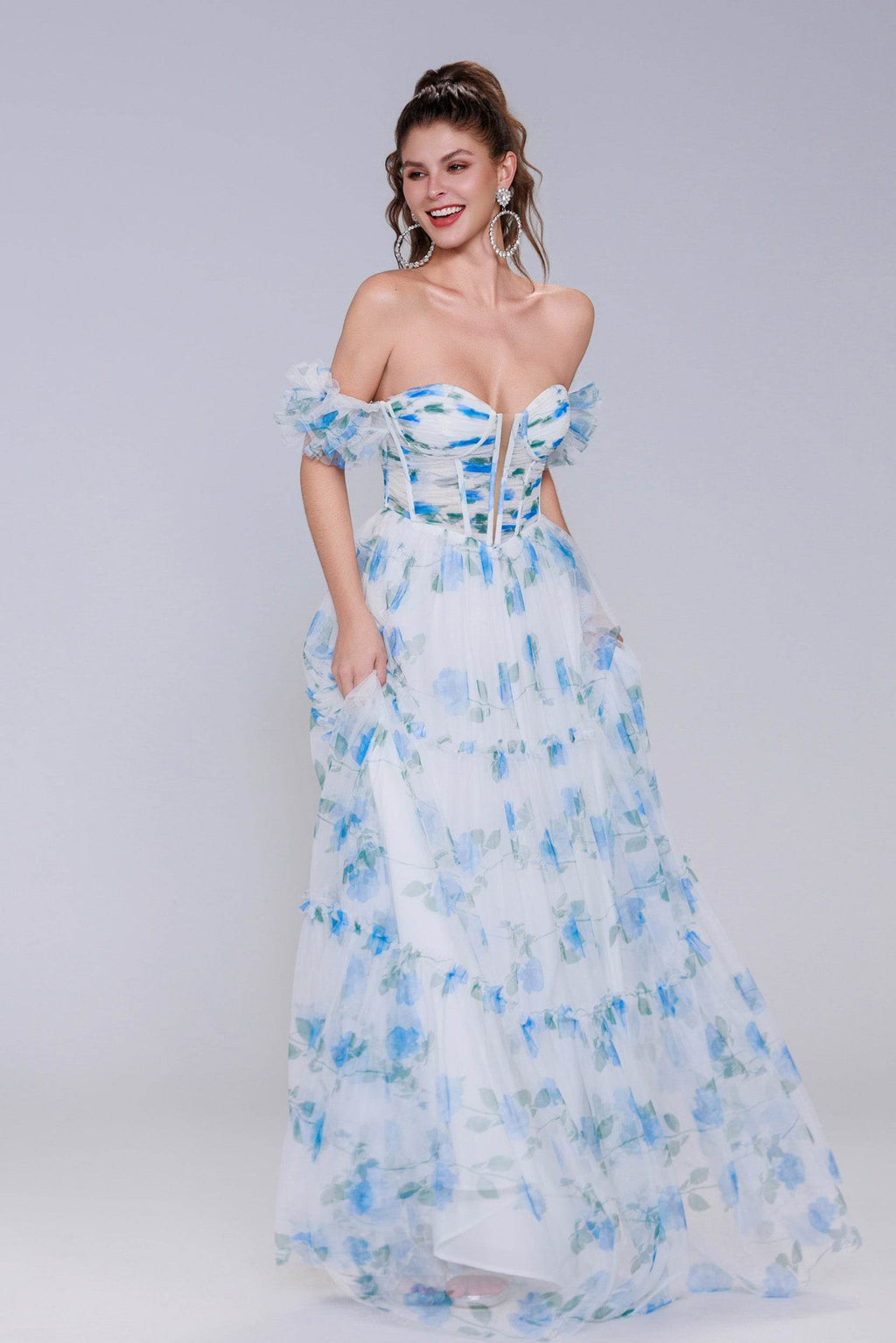 Elegant A Line Maxi Printed Gauze Prom Dress for Prom