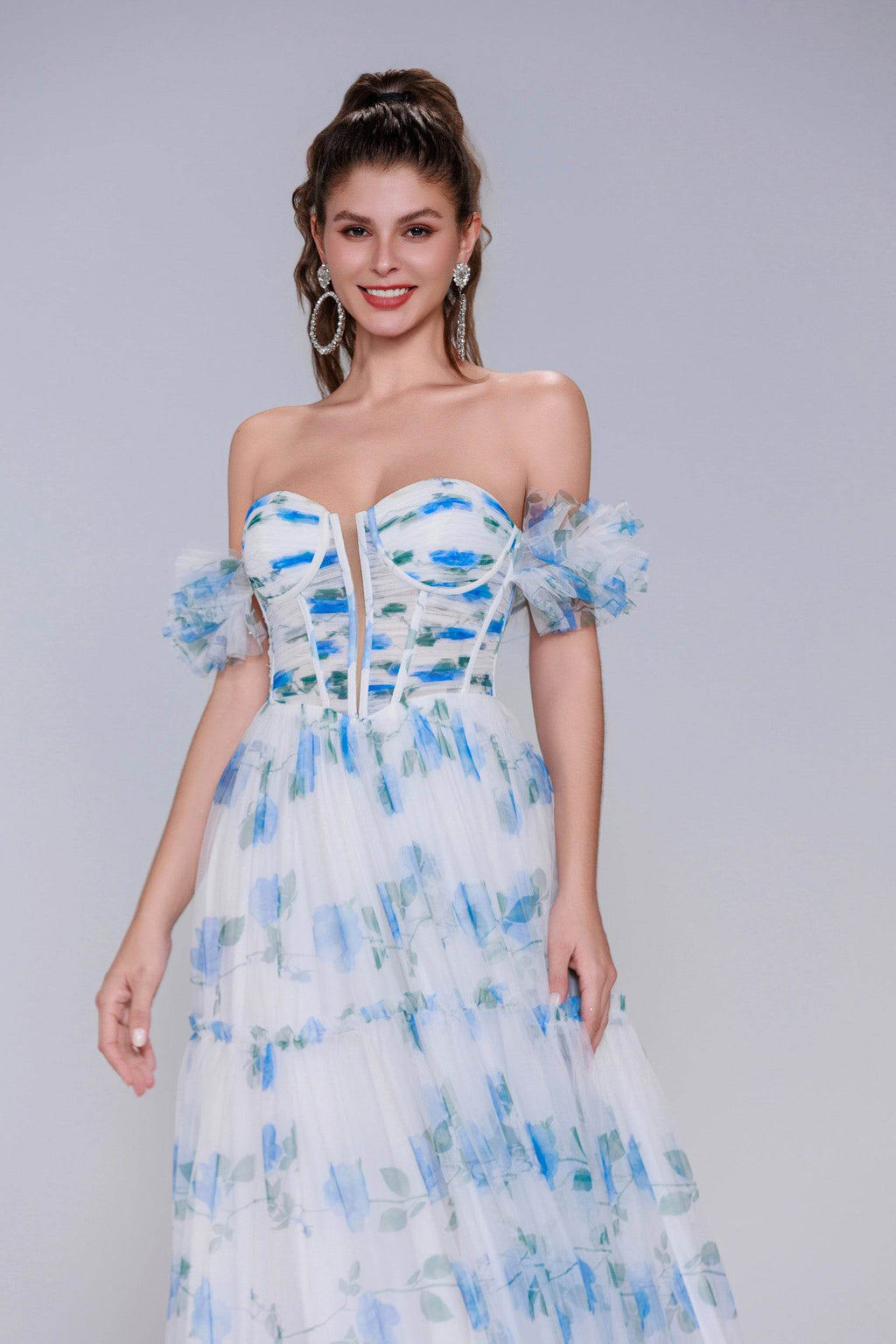 Elegant A Line Maxi Printed Gauze Prom Dress for Prom