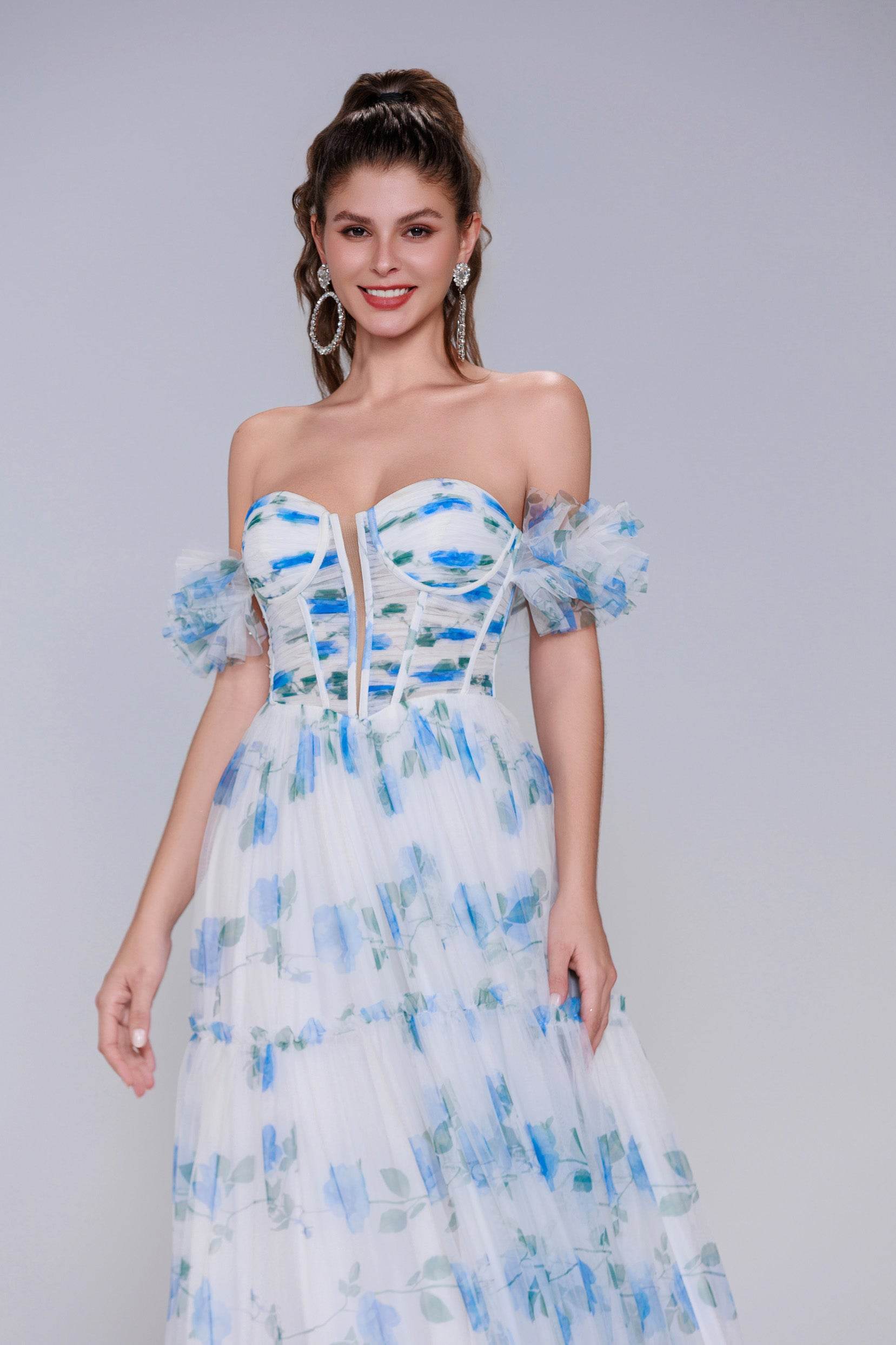 Elegant A Line Maxi Printed Gauze Prom Dress for Prom
