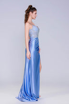 Elegant Sheath Column Sweep Brush Train Stretch Satin Prom Dress for Prom