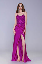 Elegant Sheath Column Sweep Brush Train Stretch Satin Prom Dress for Prom