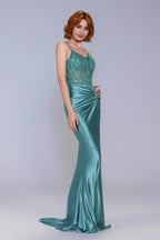 Elegant Sheath Column Sweep Brush Train Stretch Satin Prom Dress for Prom