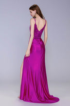 Elegant Sheath Column Sweep Brush Train Stretch Satin Prom Dress for Prom