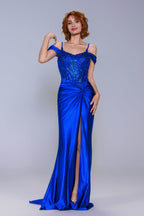 Elegant Sheath Column Sweep Brush Train Stretch Satin Prom Dress for Prom