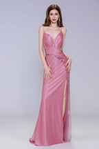 Elegant Sheath Column Sweep Brush Train Stretch Satin Prom Dress for Prom
