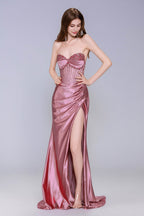 Elegant Sheath Column Sweep Brush Train Stretch Satin Prom Dress for Prom
