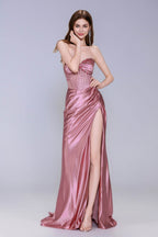Elegant Sheath Column Sweep Brush Train Stretch Satin Prom Dress for Prom