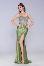 Elegant Sheath Column Sweep Brush Train Stretch Satin Prom Dress for Prom