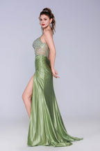 Elegant Sheath Column Sweep Brush Train Stretch Satin Prom Dress for Prom