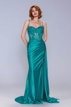 Elegant Sheath Column Sweep Brush Train Stretch Satin Prom Dress for Prom