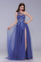 Elegant A Line Sweep Brush Train Tulle Prom Dress for Prom