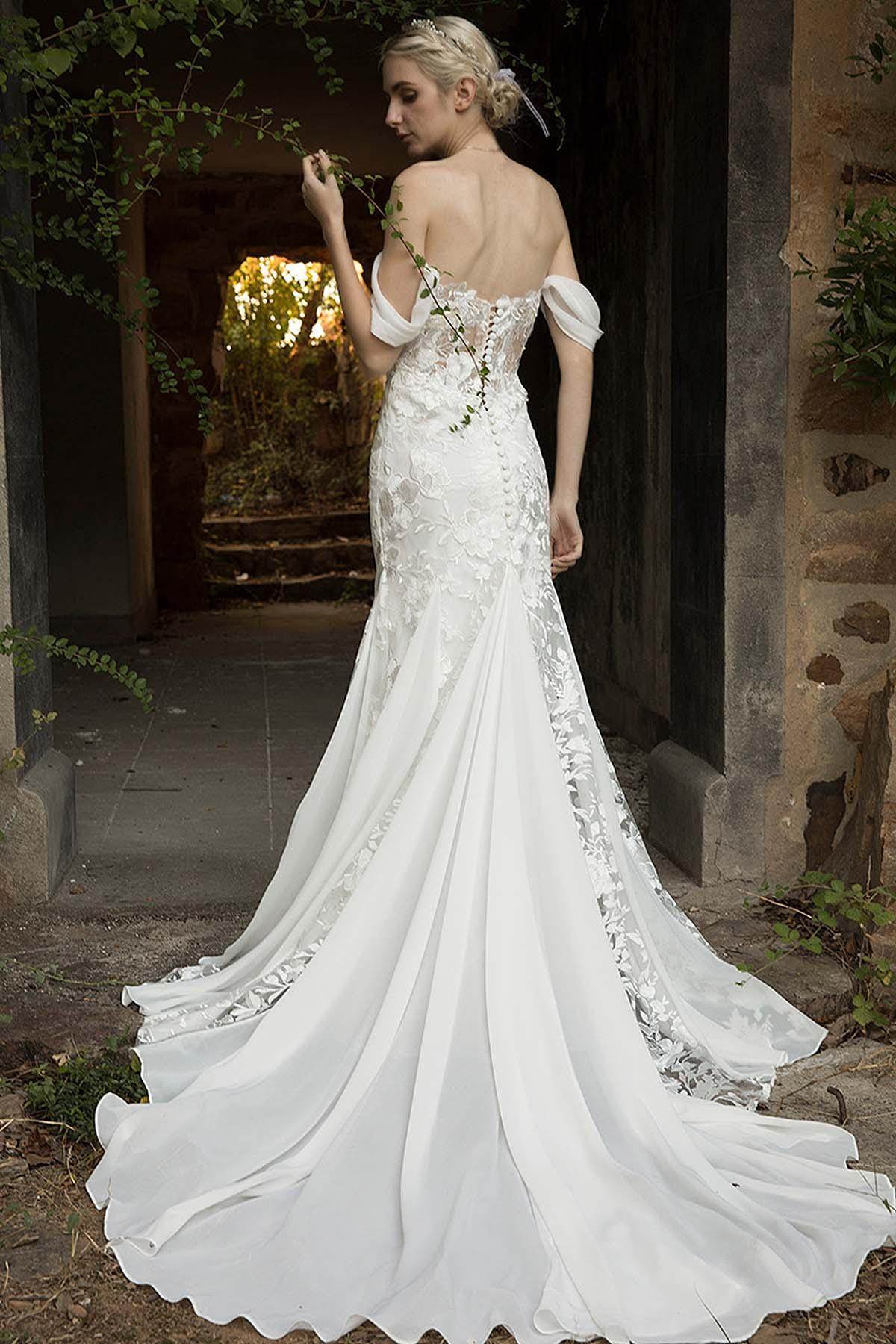 Elegant Trumpet Court Train Lace Chiffon Wedding Dress Wedding Dress