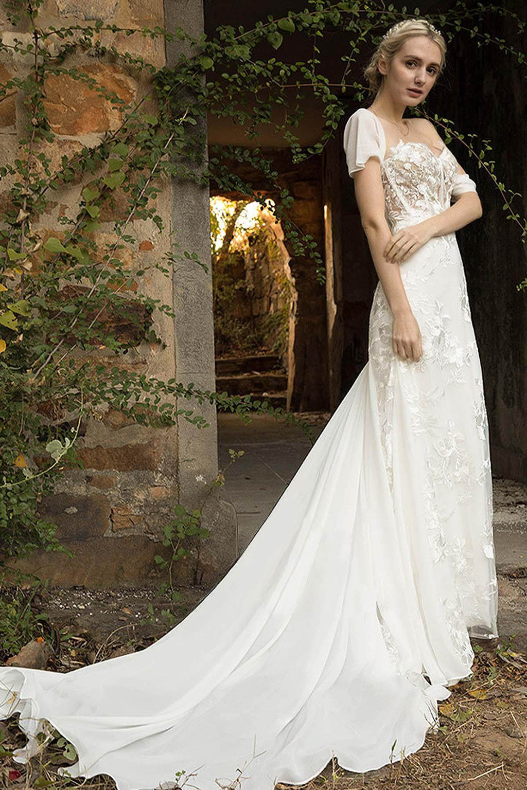 Elegant Trumpet Court Train Lace Chiffon Wedding Dress Wedding Dress