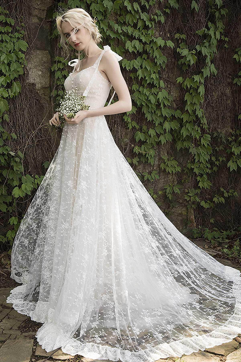 Elegant A Line Sweep Brush Train Lace Wedding Dress Wedding Dress