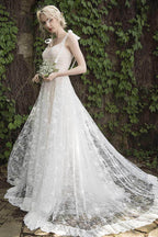 Elegant A Line Sweep Brush Train Lace Wedding Dress Wedding Dress