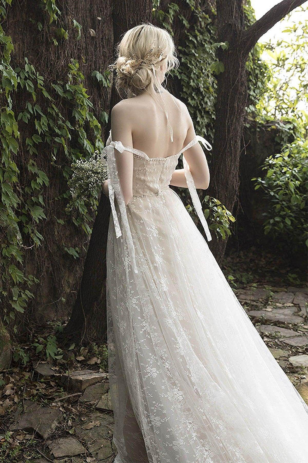 Elegant A Line Sweep Brush Train Lace Wedding Dress Wedding Dress