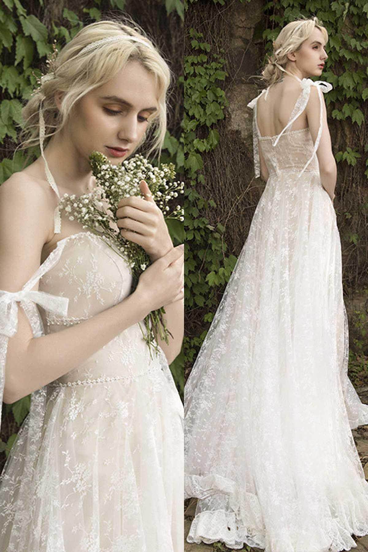 Elegant A Line Sweep Brush Train Lace Wedding Dress Wedding Dress