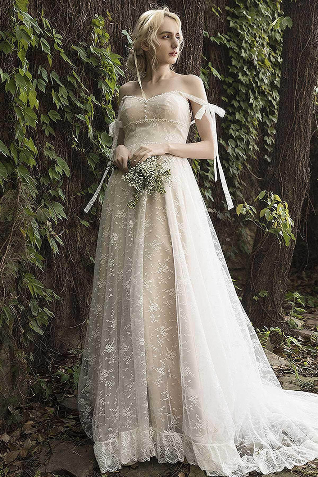 Elegant A Line Sweep Brush Train Lace Wedding Dress Wedding Dress