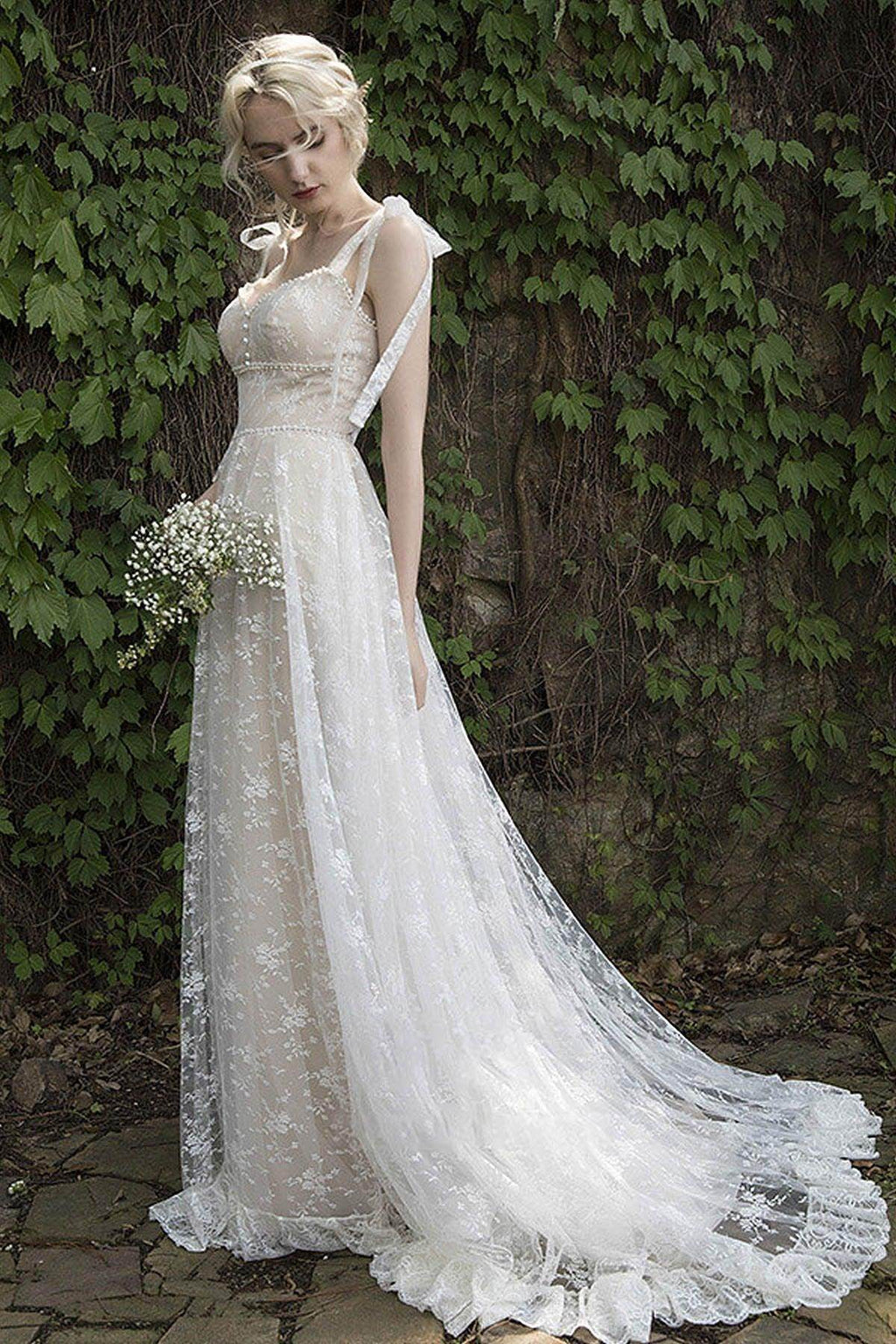 Elegant A Line Sweep Brush Train Lace Wedding Dress Wedding Dress