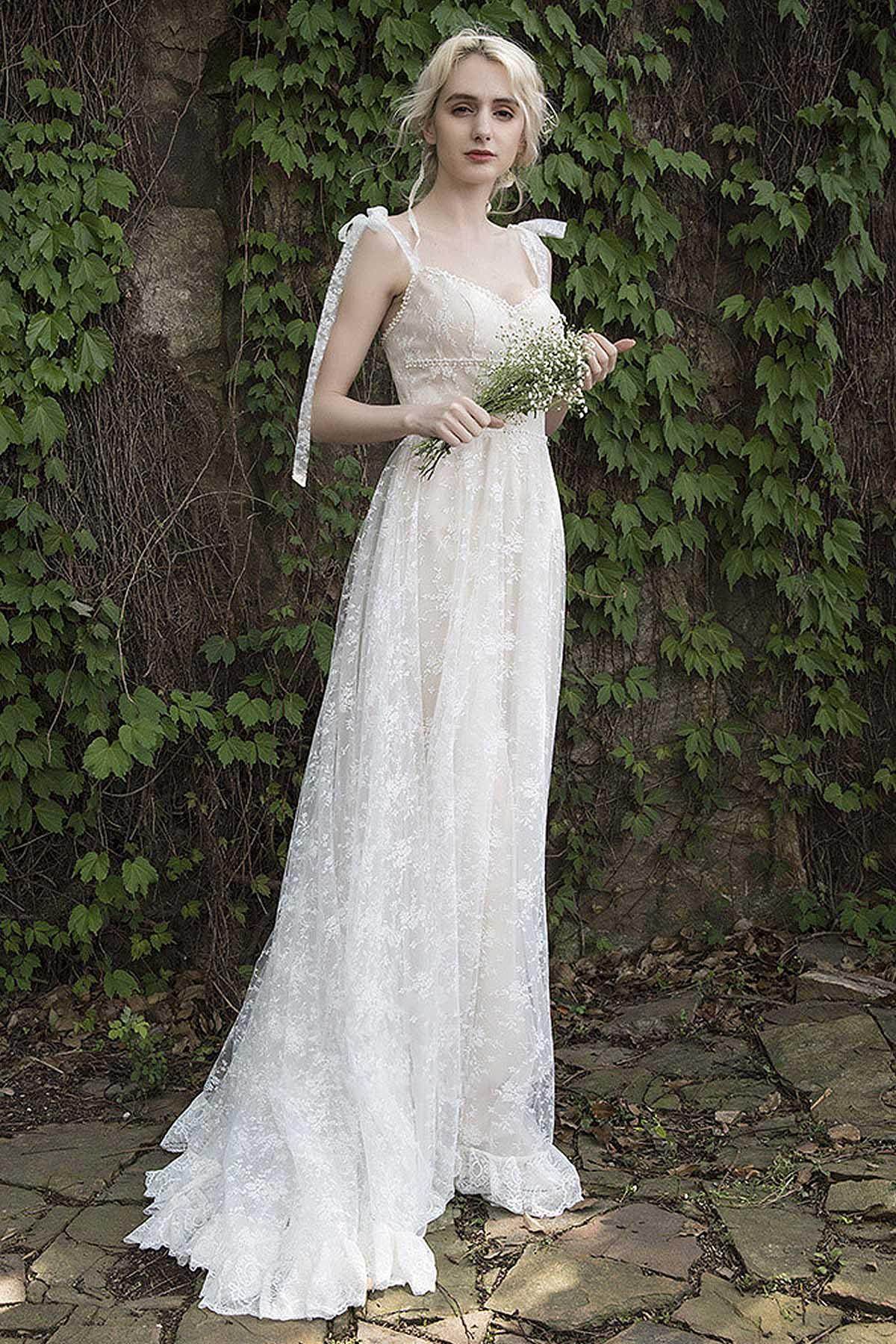 Elegant A Line Sweep Brush Train Lace Wedding Dress Wedding Dress