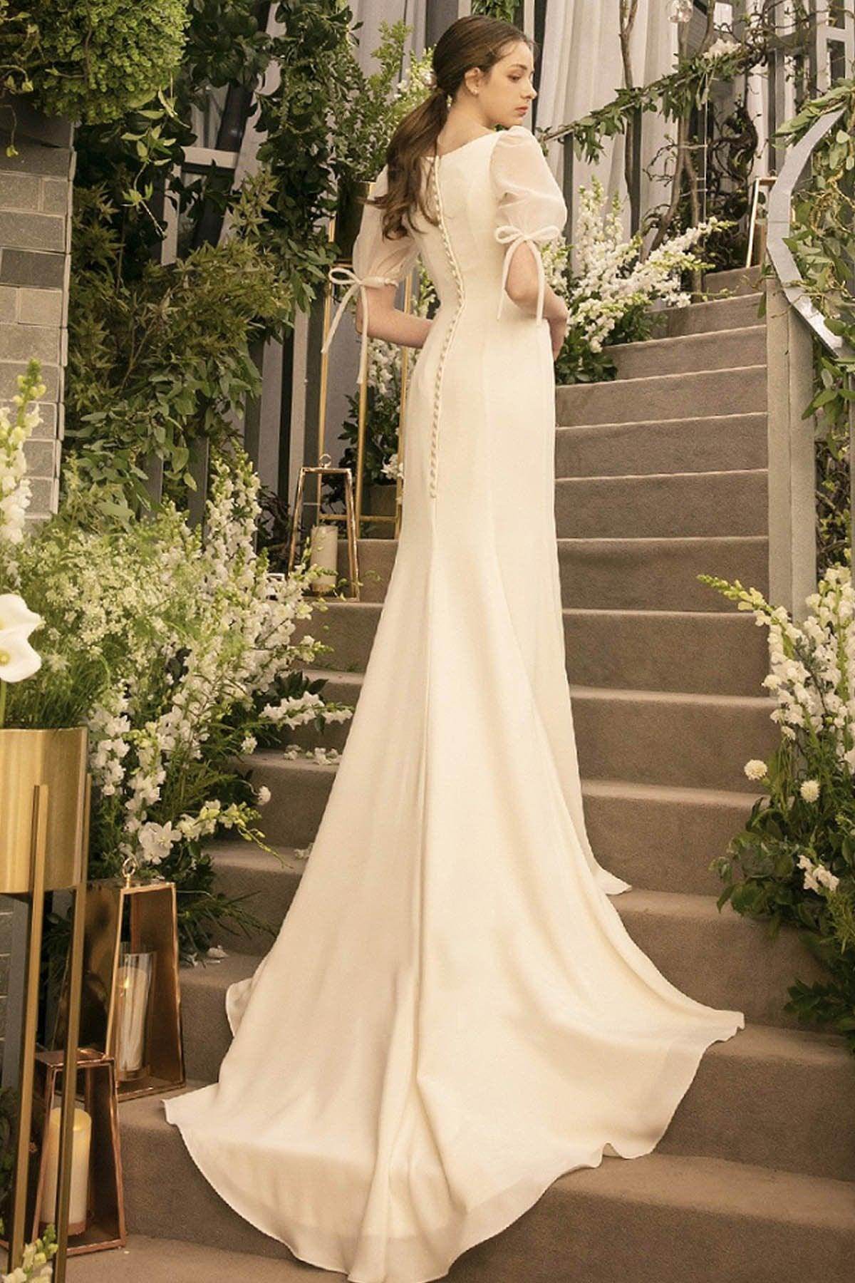 Elegant Trumpet Mermaid Sweep Brush Train Satin Wedding Dress Wedding Dress