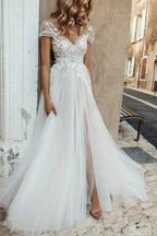 Elegant A Line Sweep Brush Train Lace Tulle Wedding Dress Wedding Dress