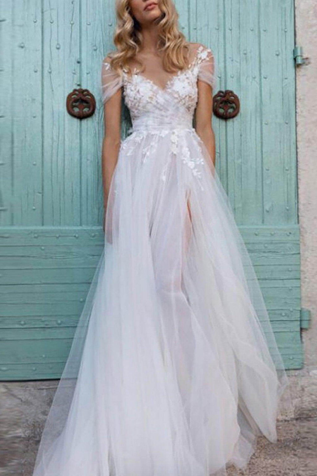 Elegant A Line Sweep Brush Train Lace Tulle Wedding Dress Wedding Dress