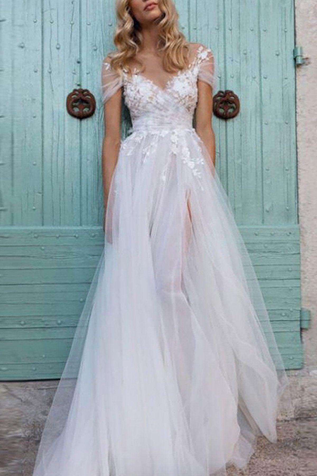 Elegant A Line Sweep Brush Train Lace Tulle Wedding Dress Wedding Dress